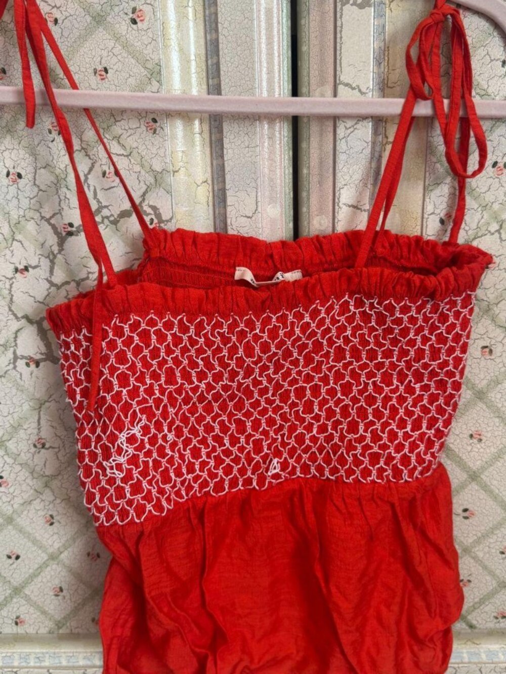 Mi Ami Red White Smocked Tie Shoulder Babydoll Cami Ruffle Peplum Top Coquette